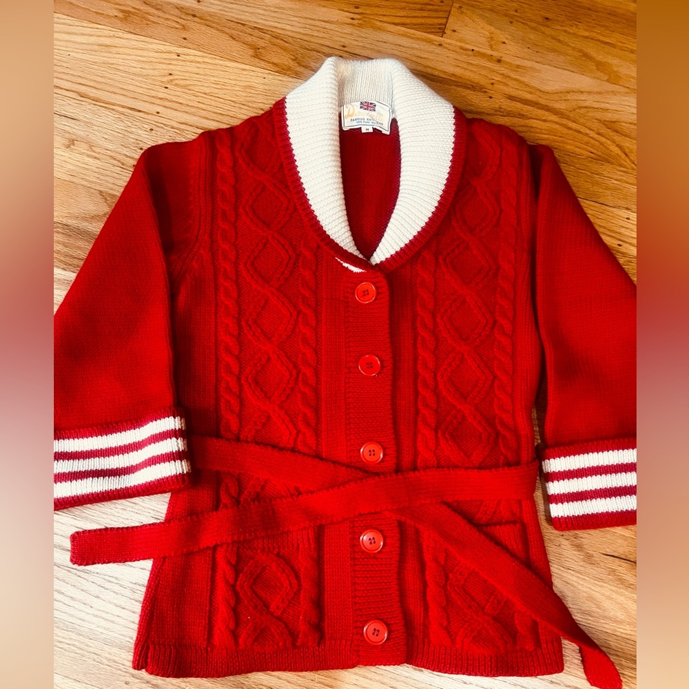 Vintage 80’s Red and White Cardigan Sweater with belt